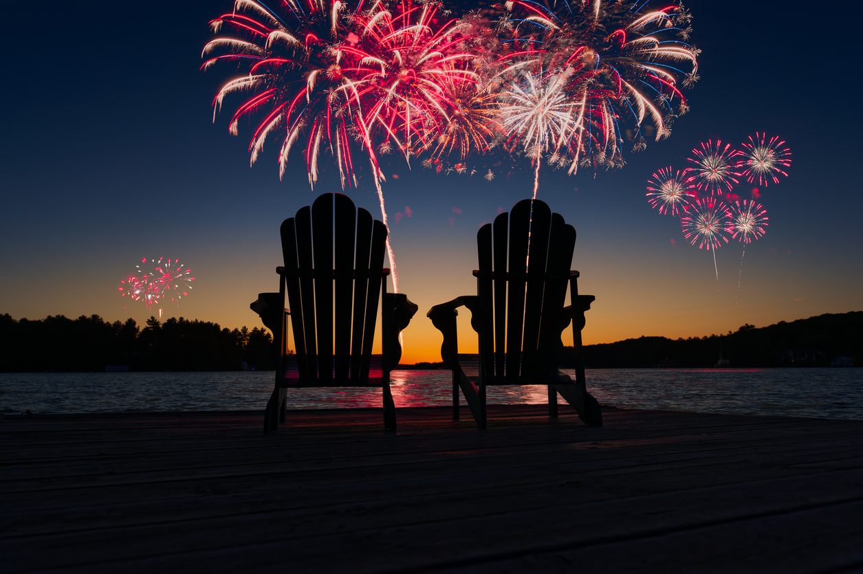 Two chairs on a wooden dock overlooking a calm Muskoka lake as colourful Canada Day fireworks light up the night sky.