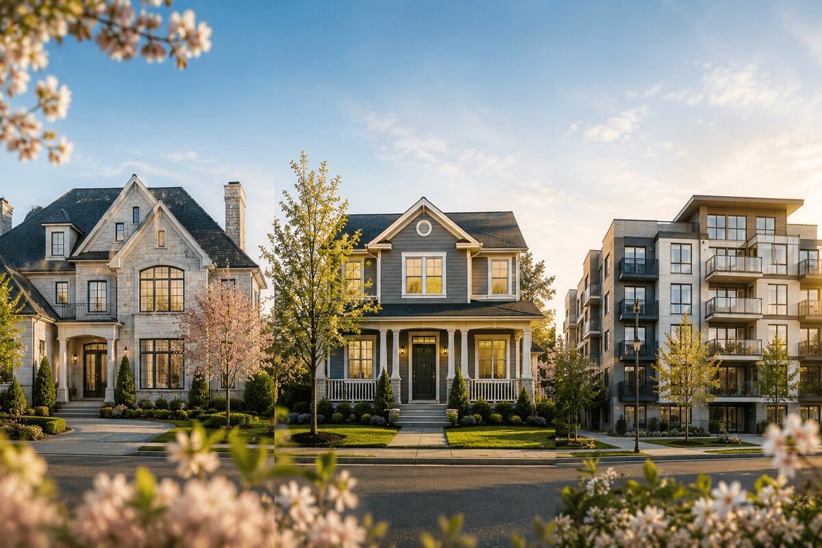 Luxury home, family house, and modern condo building during Burlington Spring 2026 real estate market, illustrating opportunities across luxury, move-up, and entry-level housing segments.