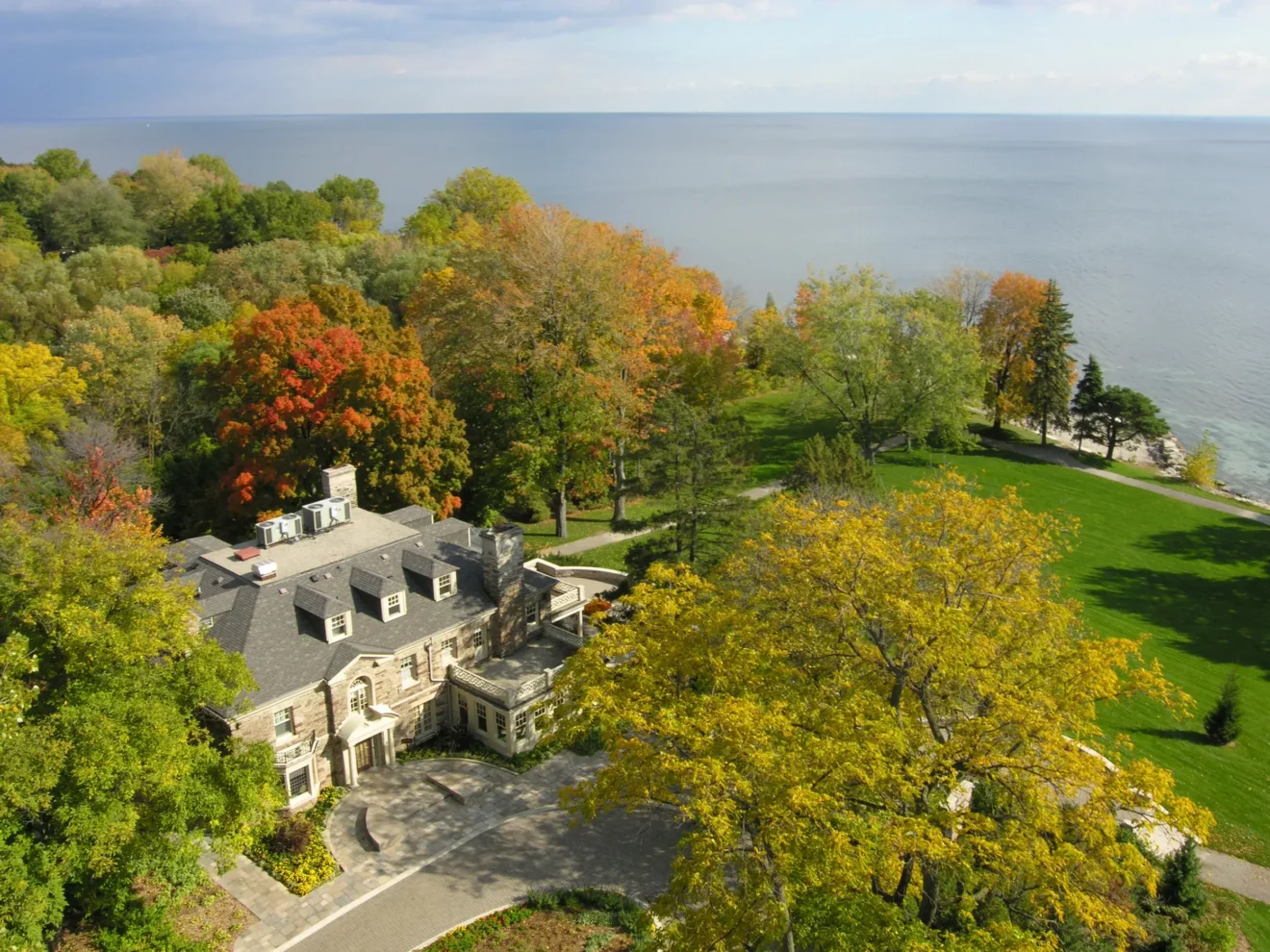 Front exterior of the historic Paletta Mansion inside Paletta Lakefront Park in Burlington Ontario.
