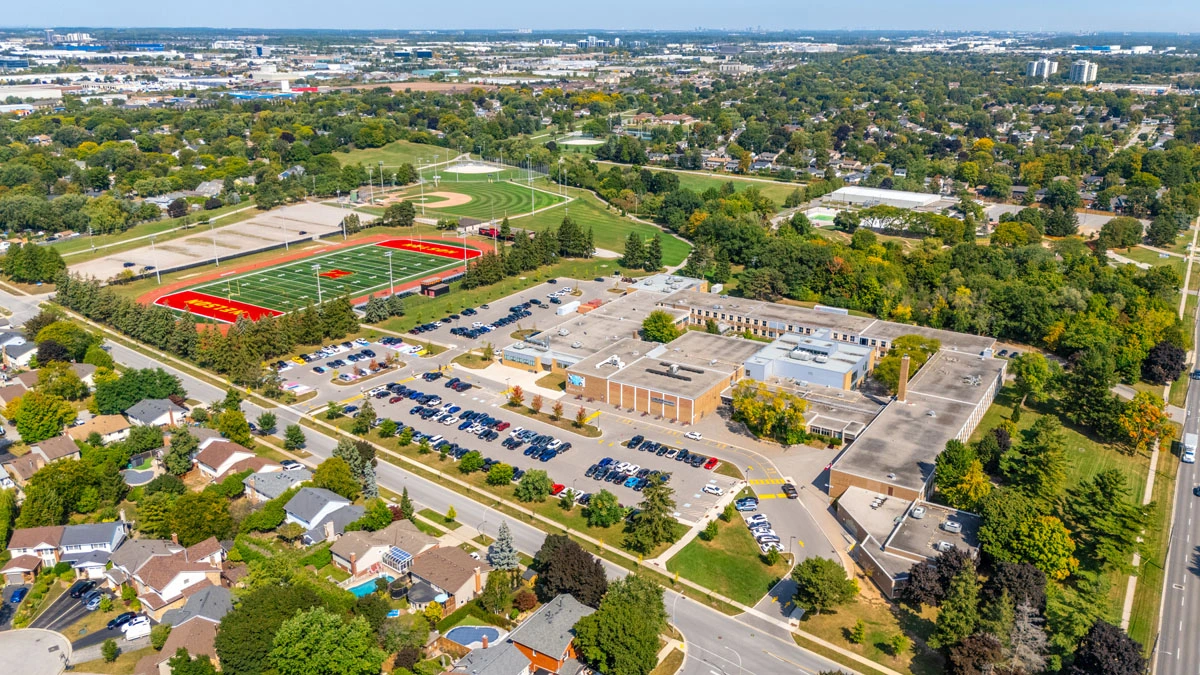 Shoreacres, Burlington School Boundaries. Nelson High School aerial view.